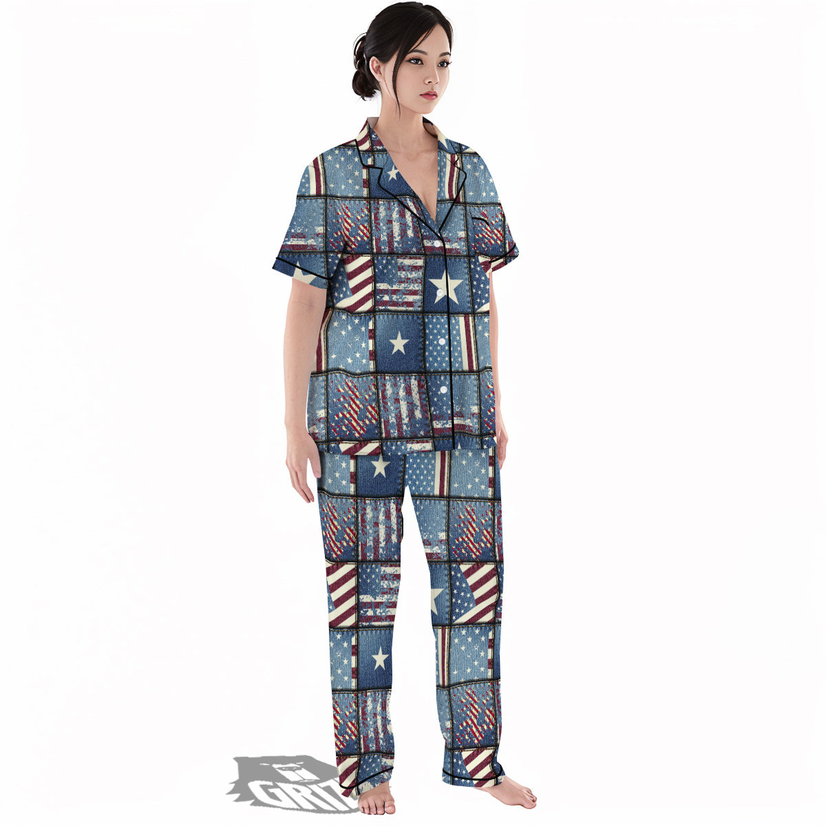 Patchwork USA Denim Print Pattern Women's Pajamas Set-grizzshop