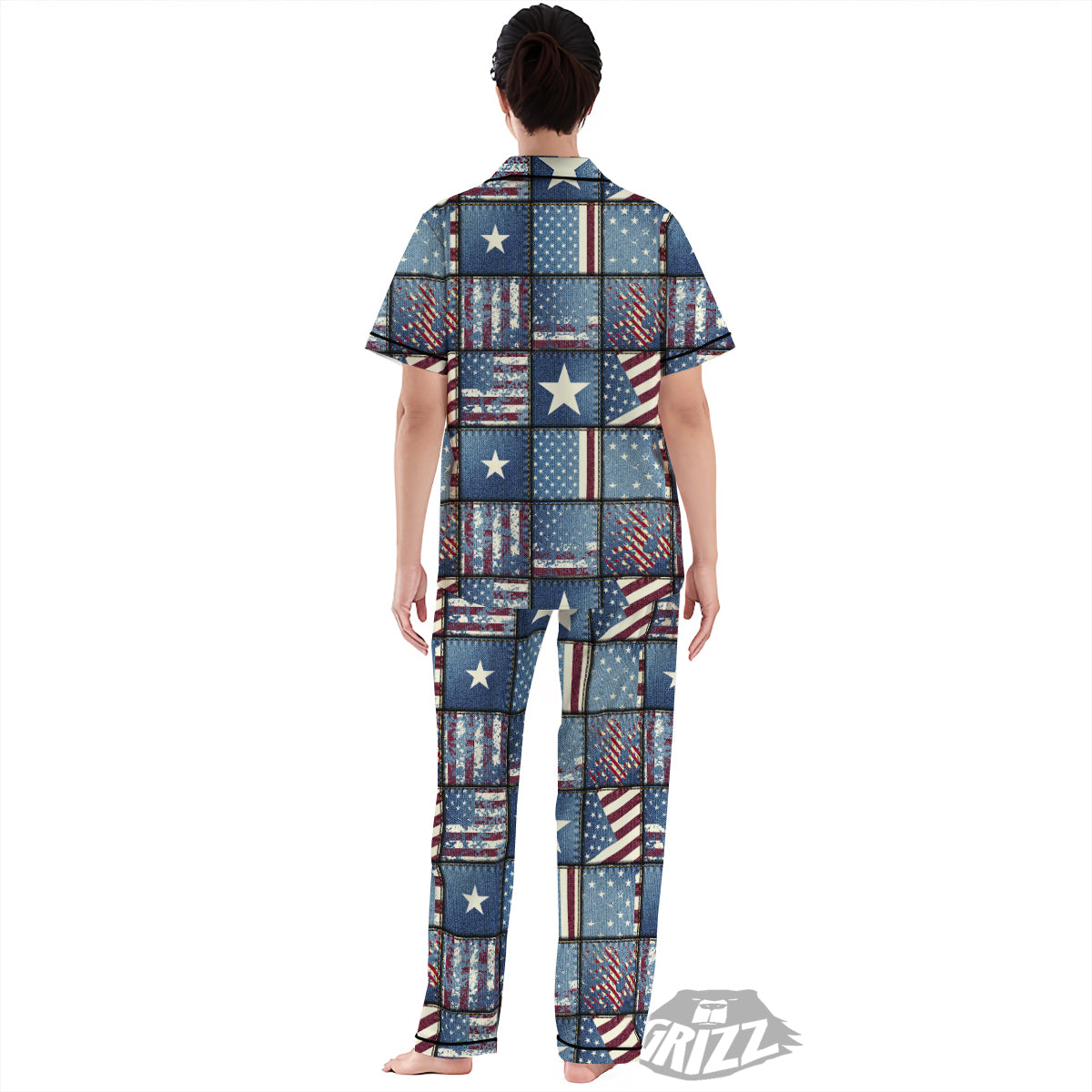 Patchwork USA Denim Print Pattern Women's Pajamas Set-grizzshop