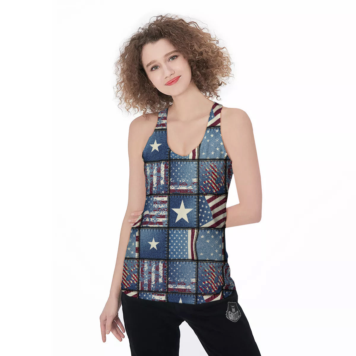 Patchwork USA Denim Print Pattern Women's Racerback Tank Top-grizzshop