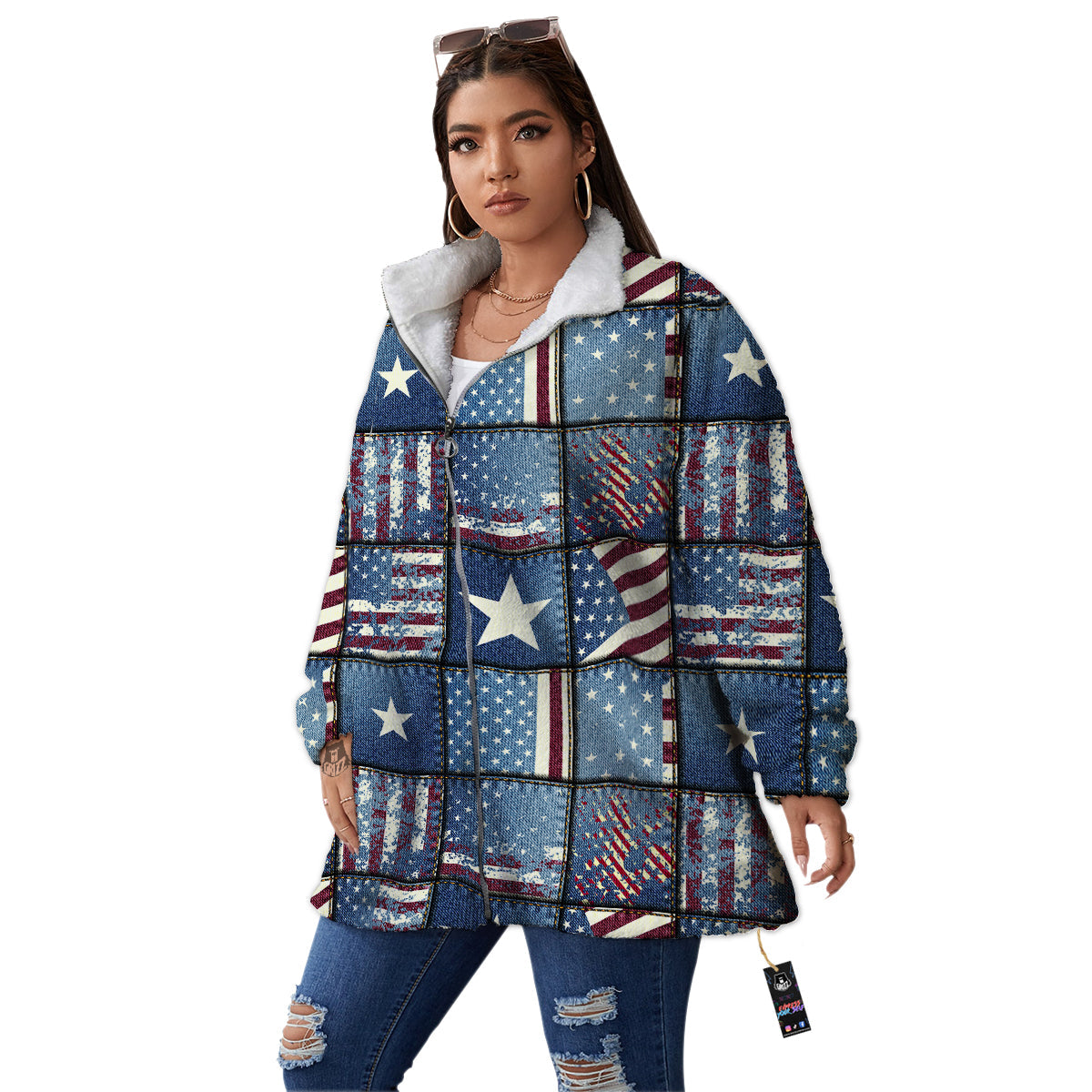 Patchwork USA Denim Print Pattern Women's Sherpa Jacket-grizzshop