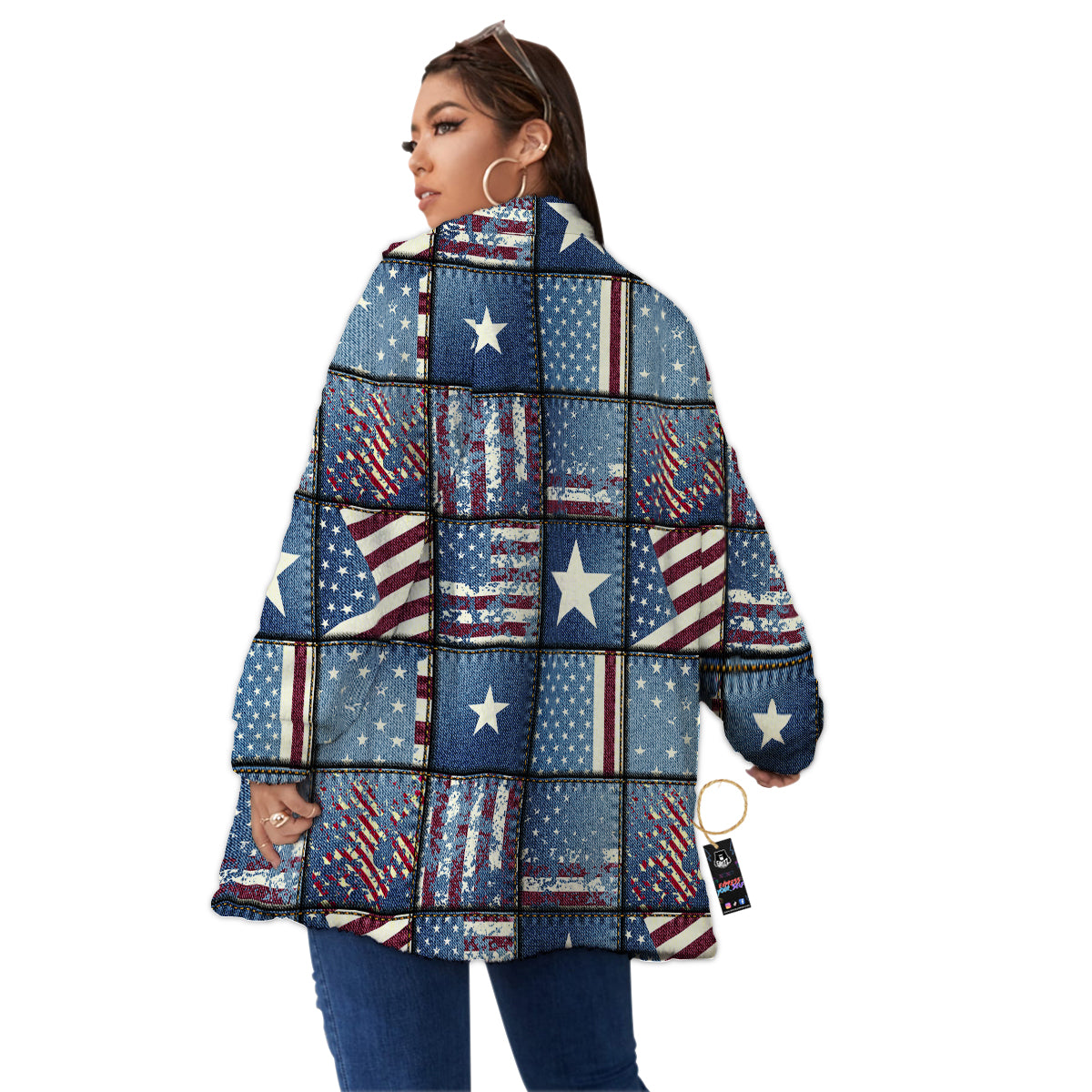 Patchwork USA Denim Print Pattern Women's Sherpa Jacket-grizzshop