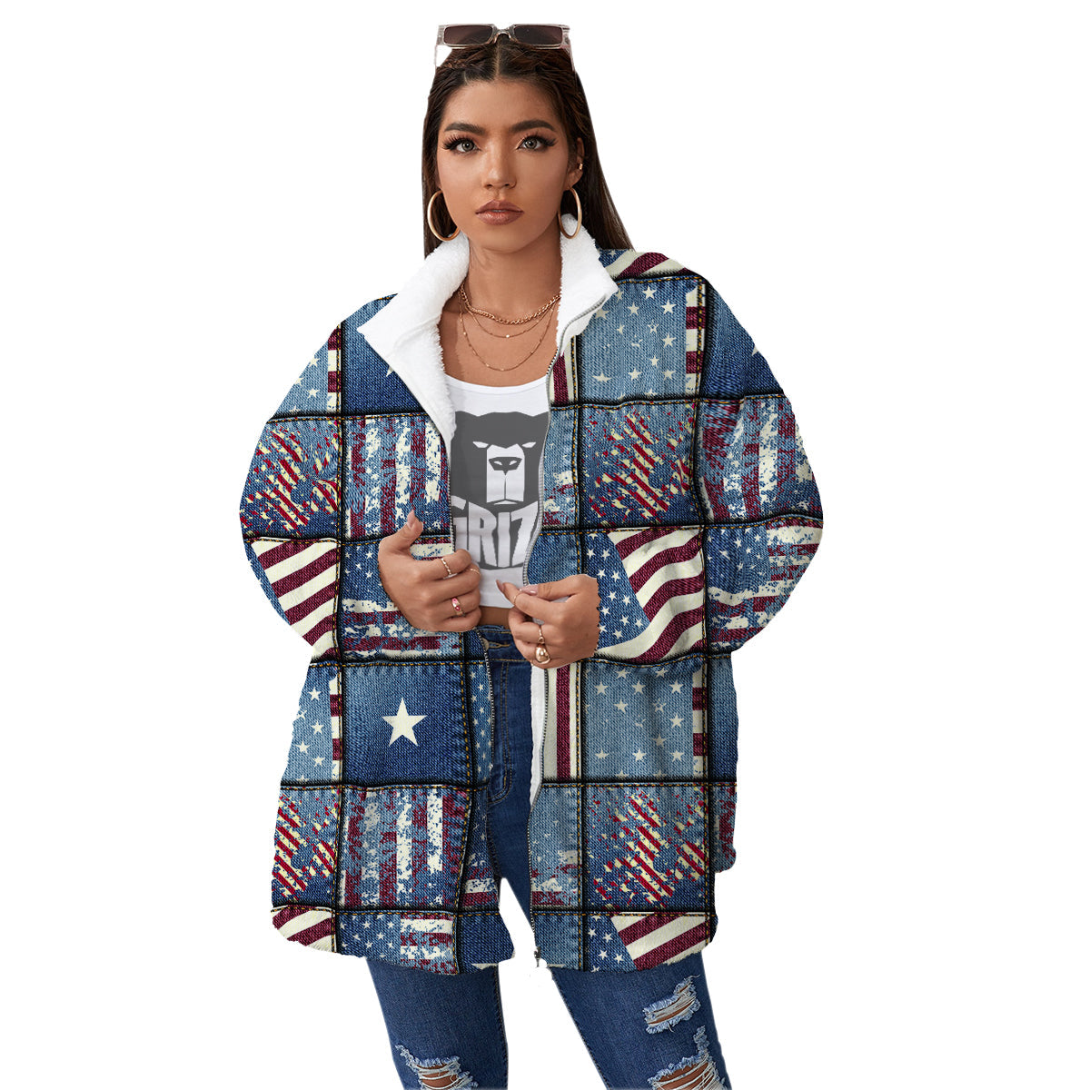 Patchwork USA Denim Print Pattern Women's Sherpa Jacket-grizzshop