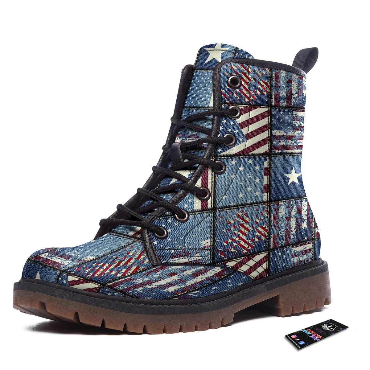 Patchwork USA Denim Print Pattern Work Boots-grizzshop