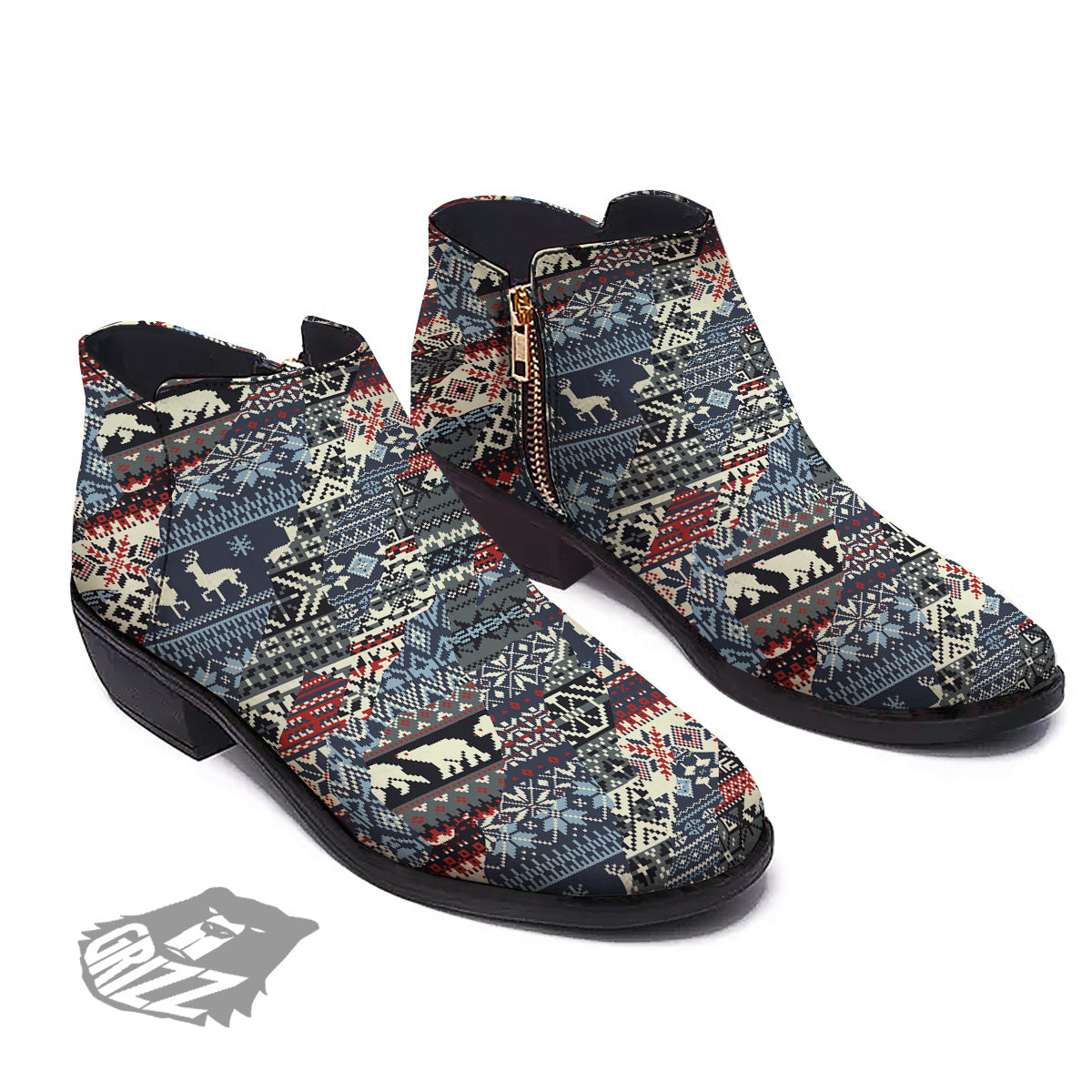 Patchwork Ugly Snowflake And Knitted Print Pattern Ankle Boots-grizzshop