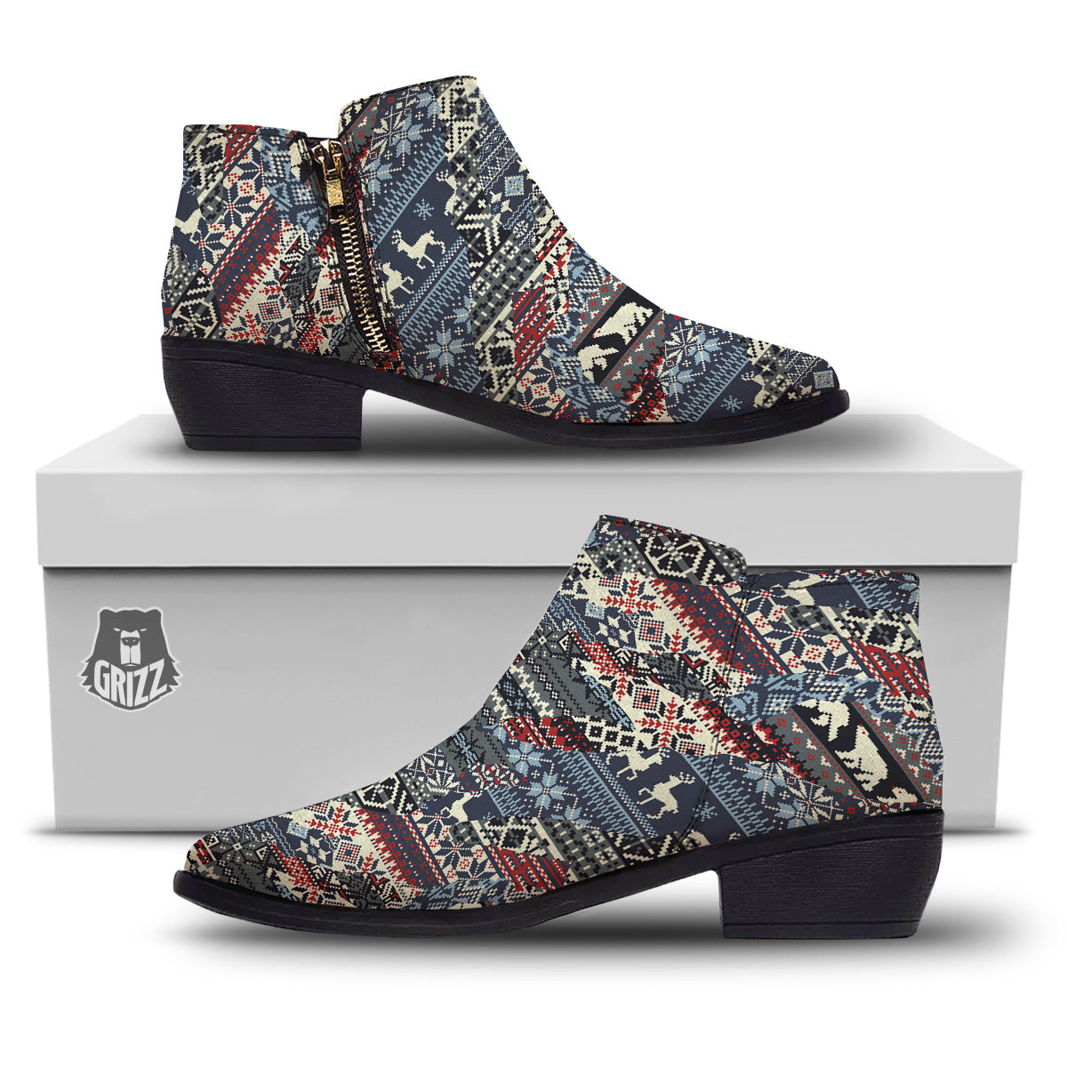 Patchwork Ugly Snowflake And Knitted Print Pattern Ankle Boots-grizzshop