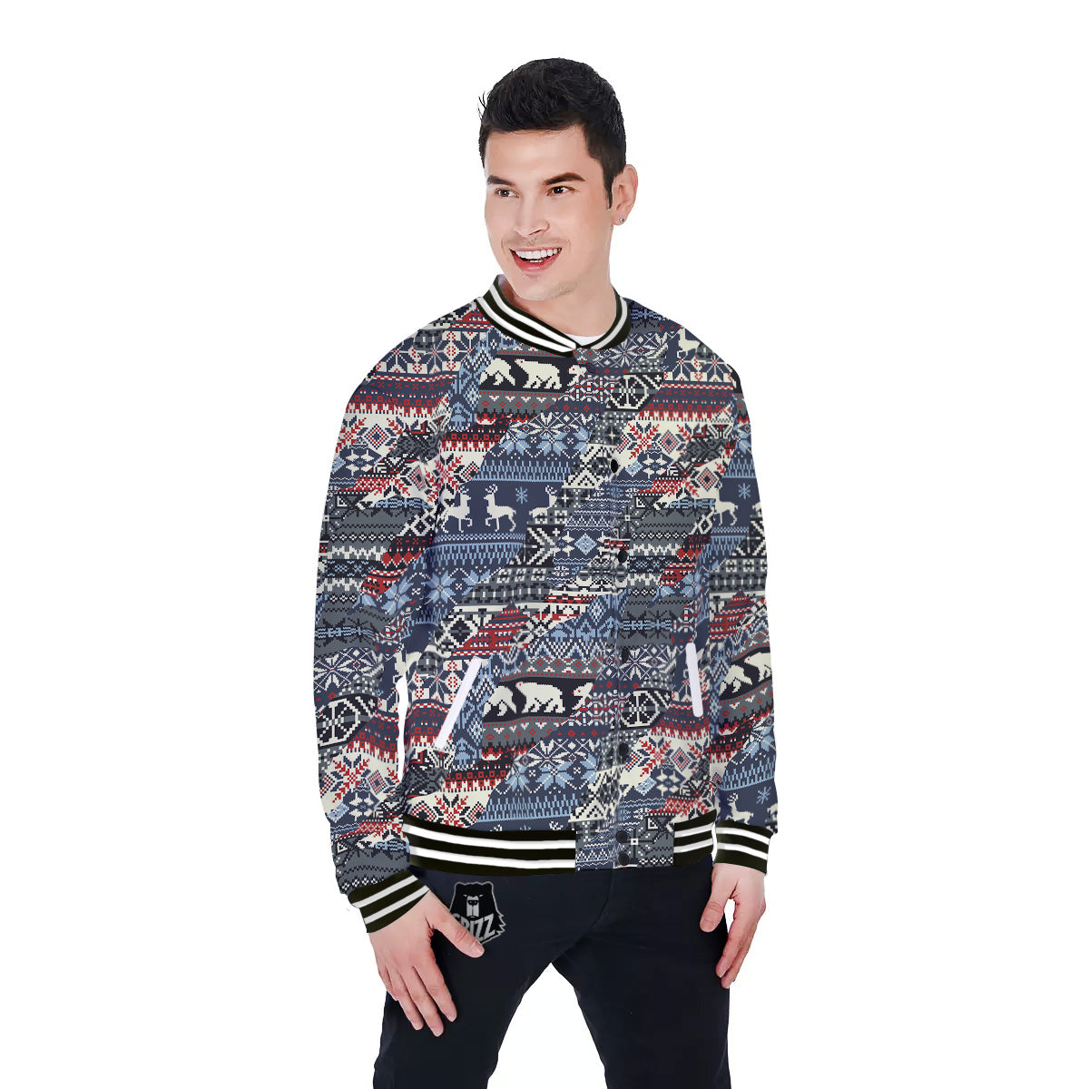 Patchwork Ugly Snowflake And Knitted Print Pattern Baseball Jacket-grizzshop
