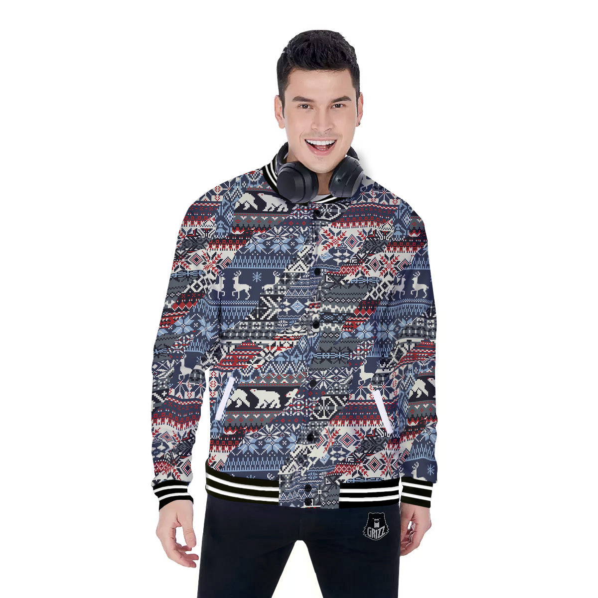 Patchwork Ugly Snowflake And Knitted Print Pattern Baseball Jacket-grizzshop