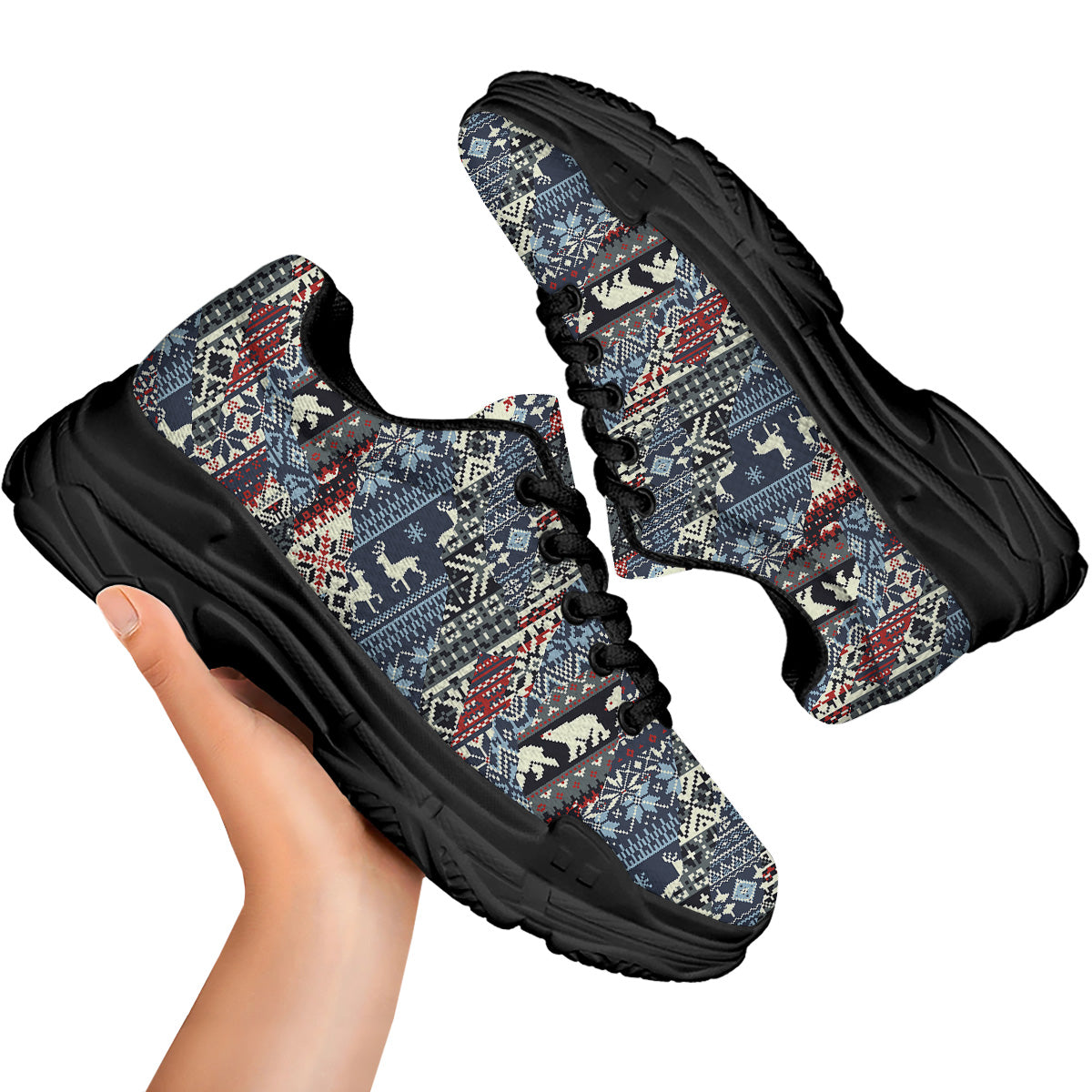 Patchwork Ugly Snowflake And Knitted Print Pattern Black Chunky Shoes-grizzshop