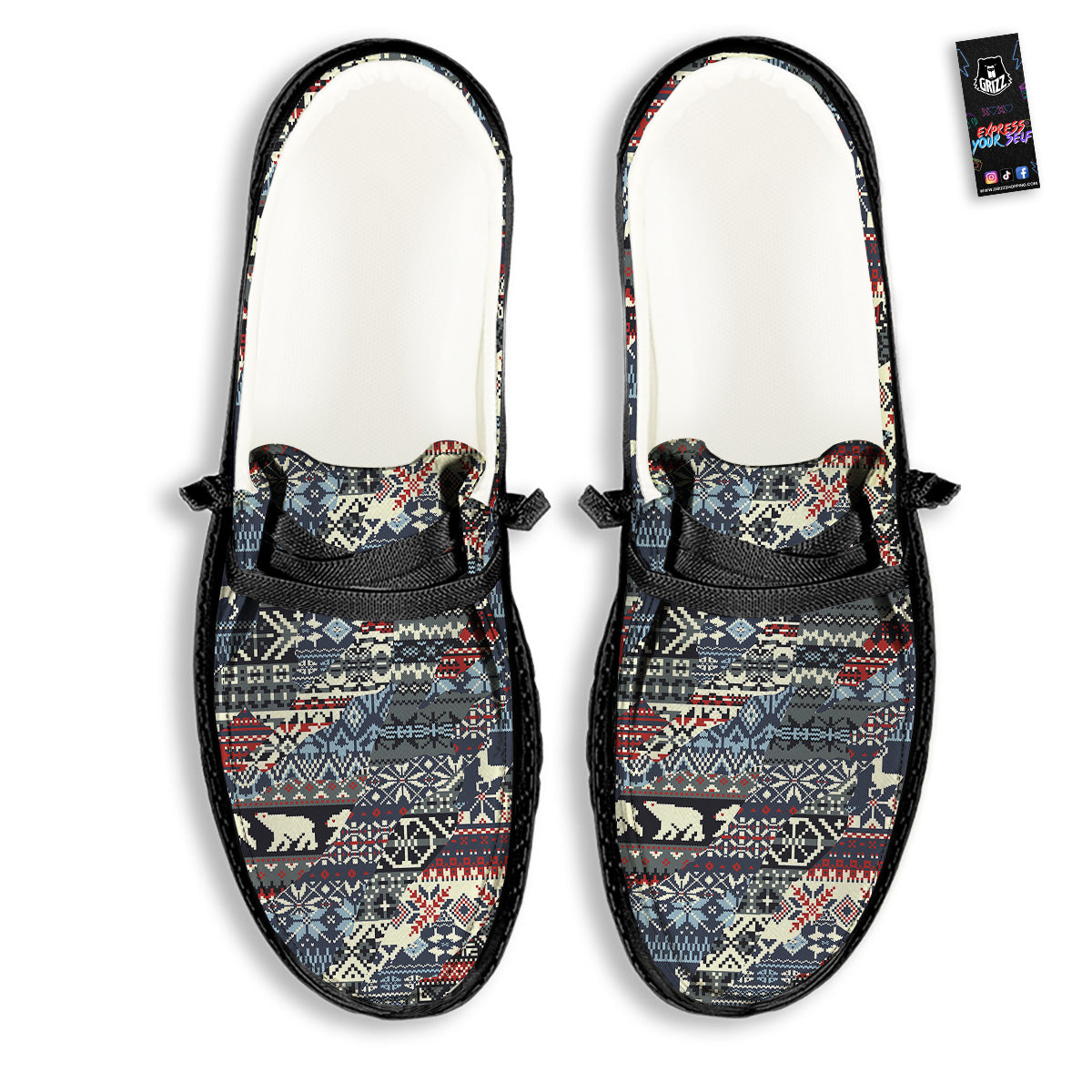 Patchwork Ugly Snowflake And Knitted Print Pattern Black Loafers-grizzshop