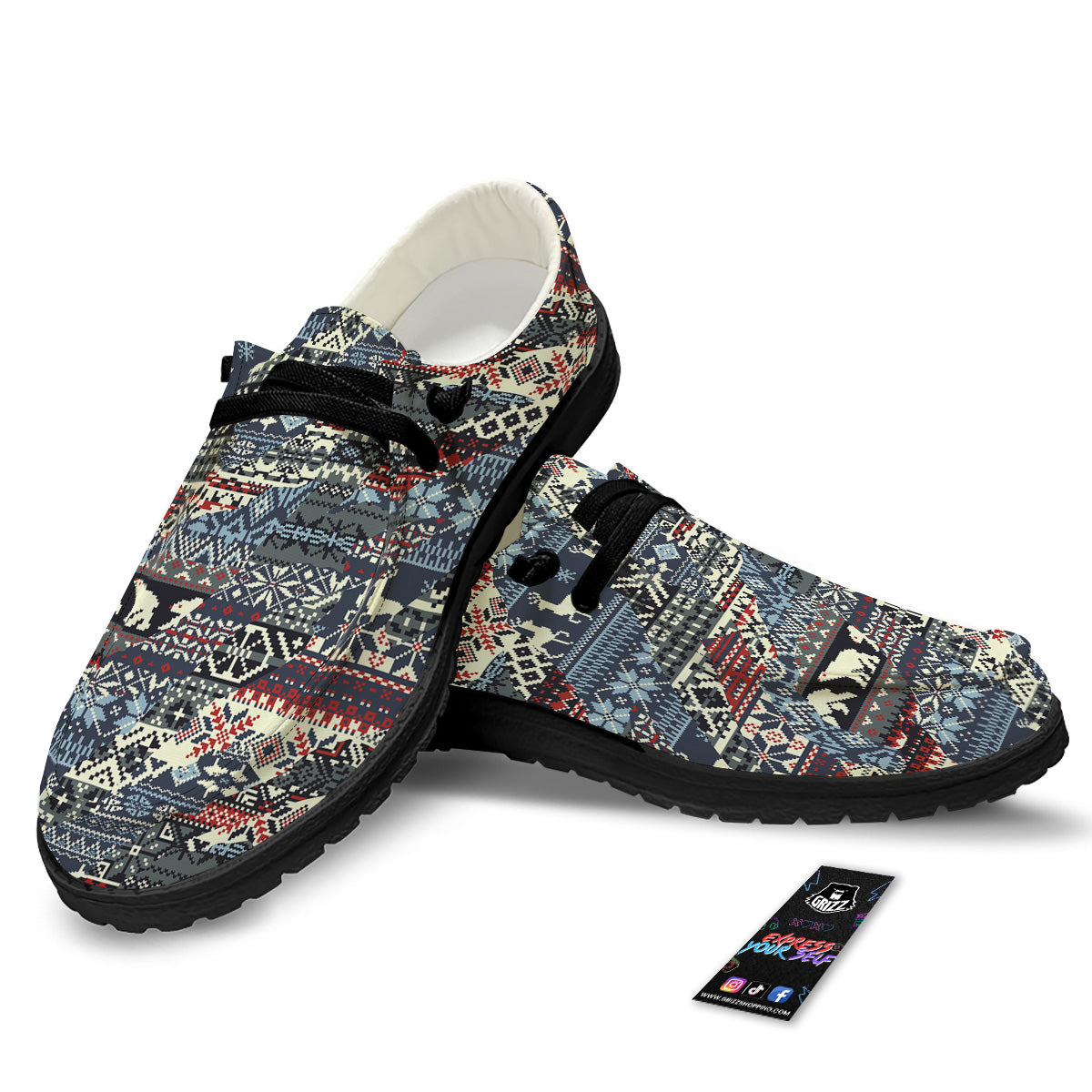 Patchwork Ugly Snowflake And Knitted Print Pattern Black Loafers-grizzshop