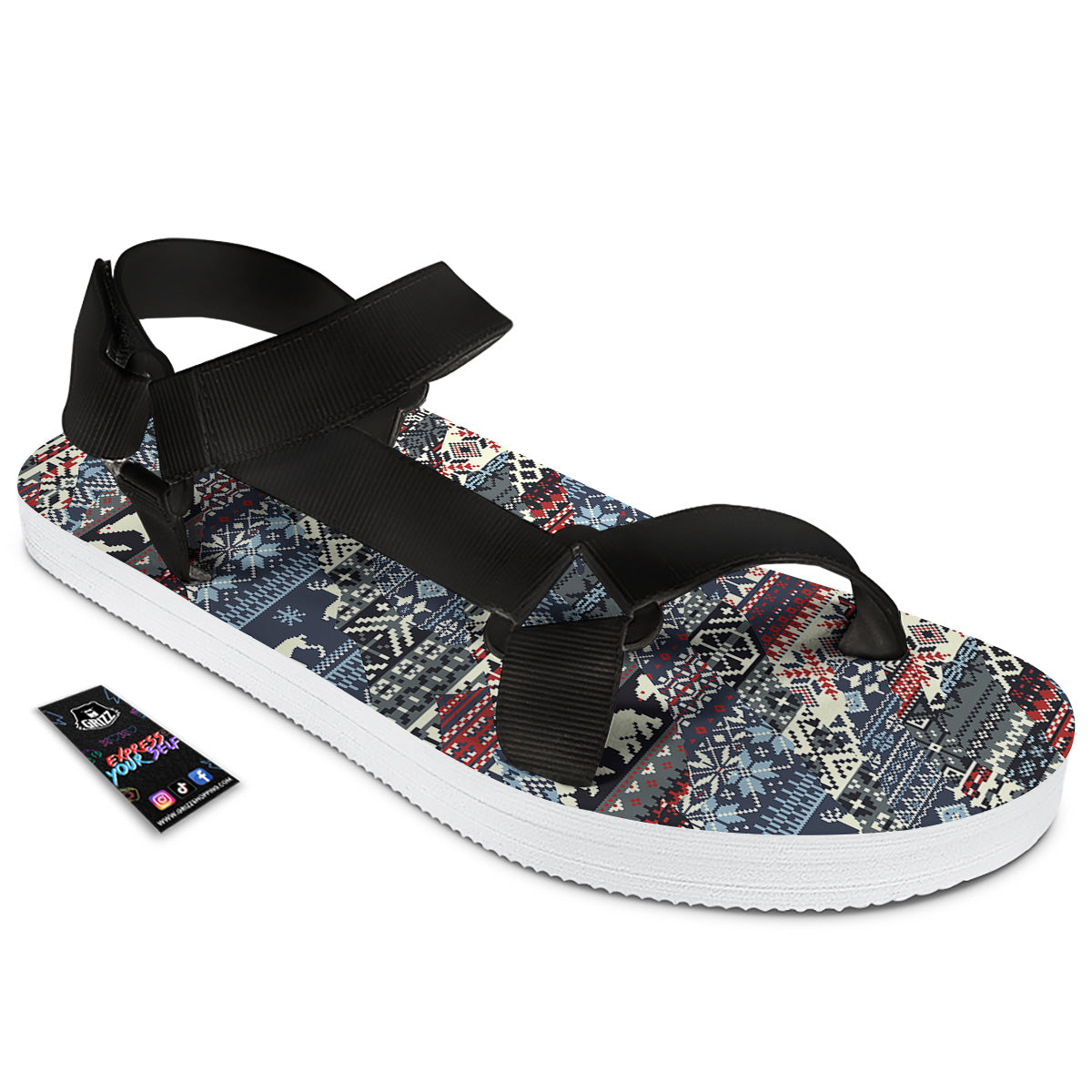 Patchwork Ugly Snowflake And Knitted Print Pattern Black Open Toe Sandals-grizzshop