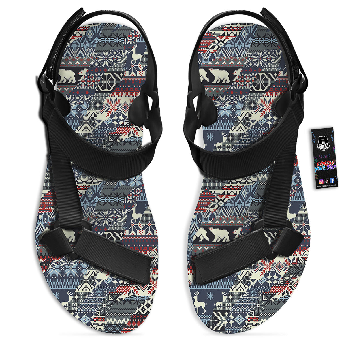 Patchwork Ugly Snowflake And Knitted Print Pattern Black Open Toe Sandals-grizzshop