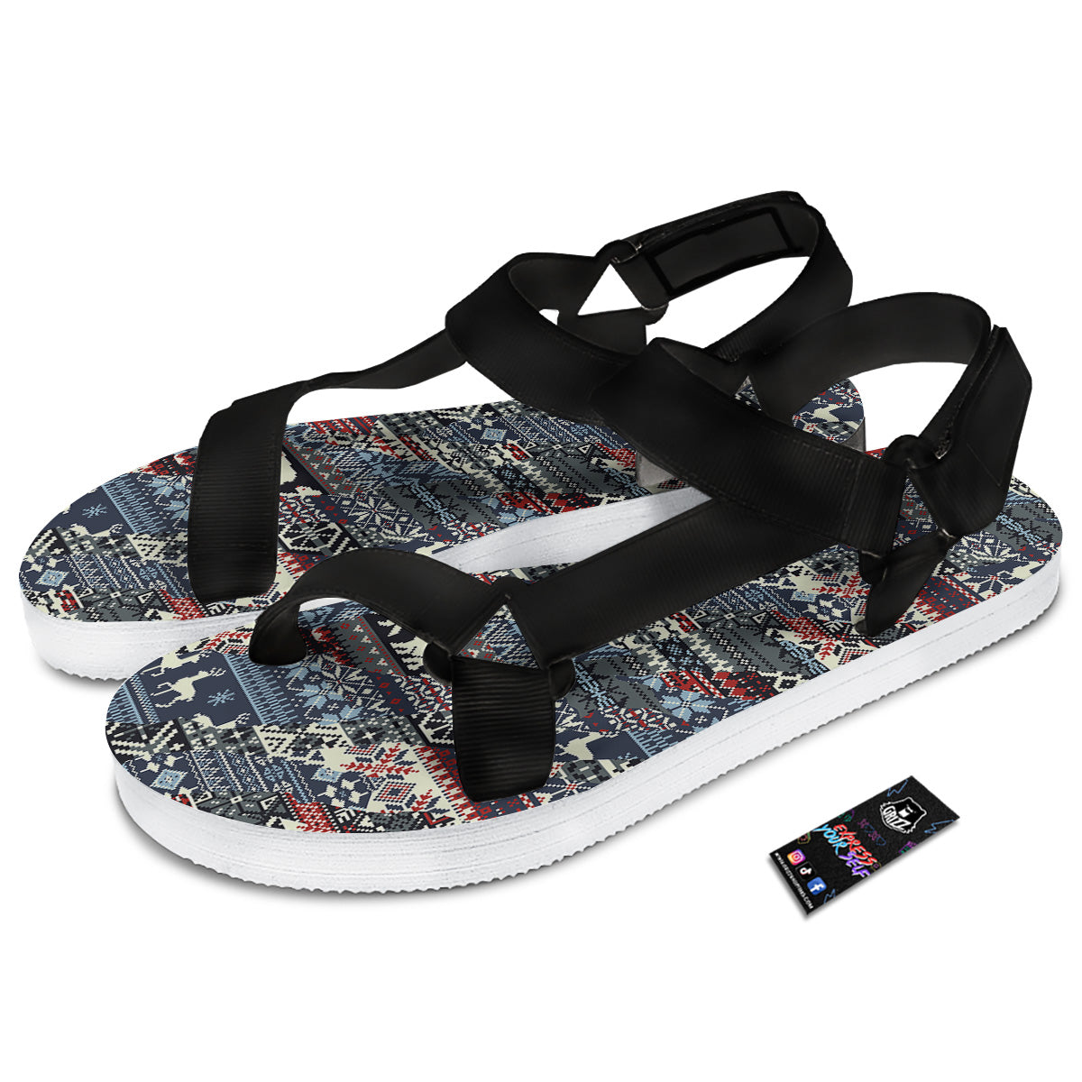 Patchwork Ugly Snowflake And Knitted Print Pattern Black Open Toe Sandals-grizzshop