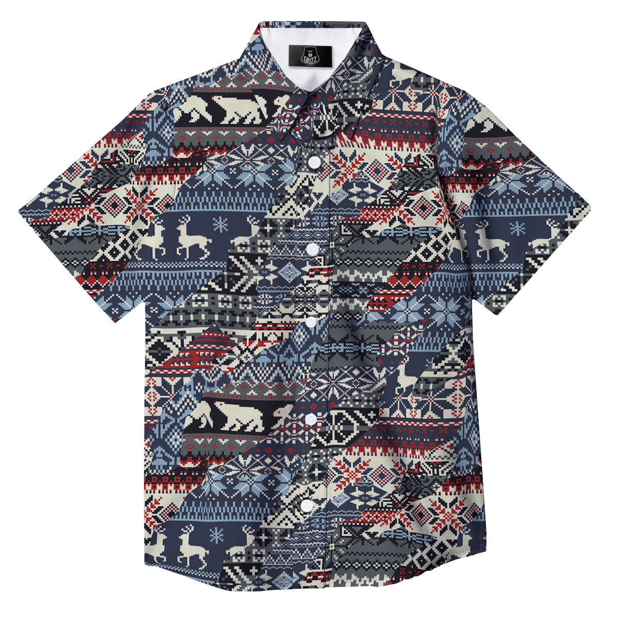 Patchwork Ugly Snowflake And Knitted Print Pattern Button Up Shirt-grizzshop