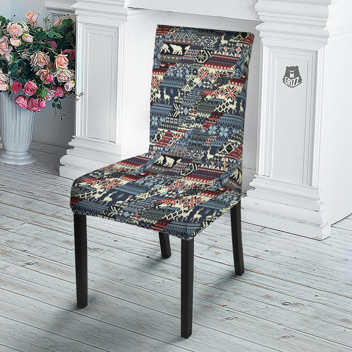 Patchwork Ugly Snowflake And Knitted Print Pattern Dining Chair Slipcover-grizzshop