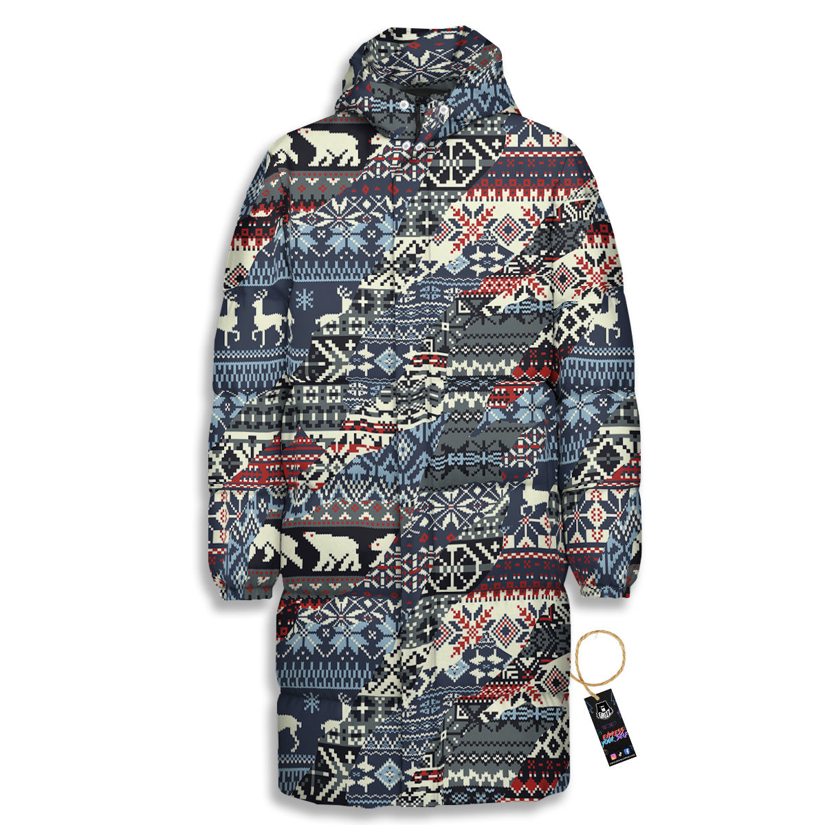 Patchwork Ugly Snowflake And Knitted Print Pattern Long Down Jacket-grizzshop