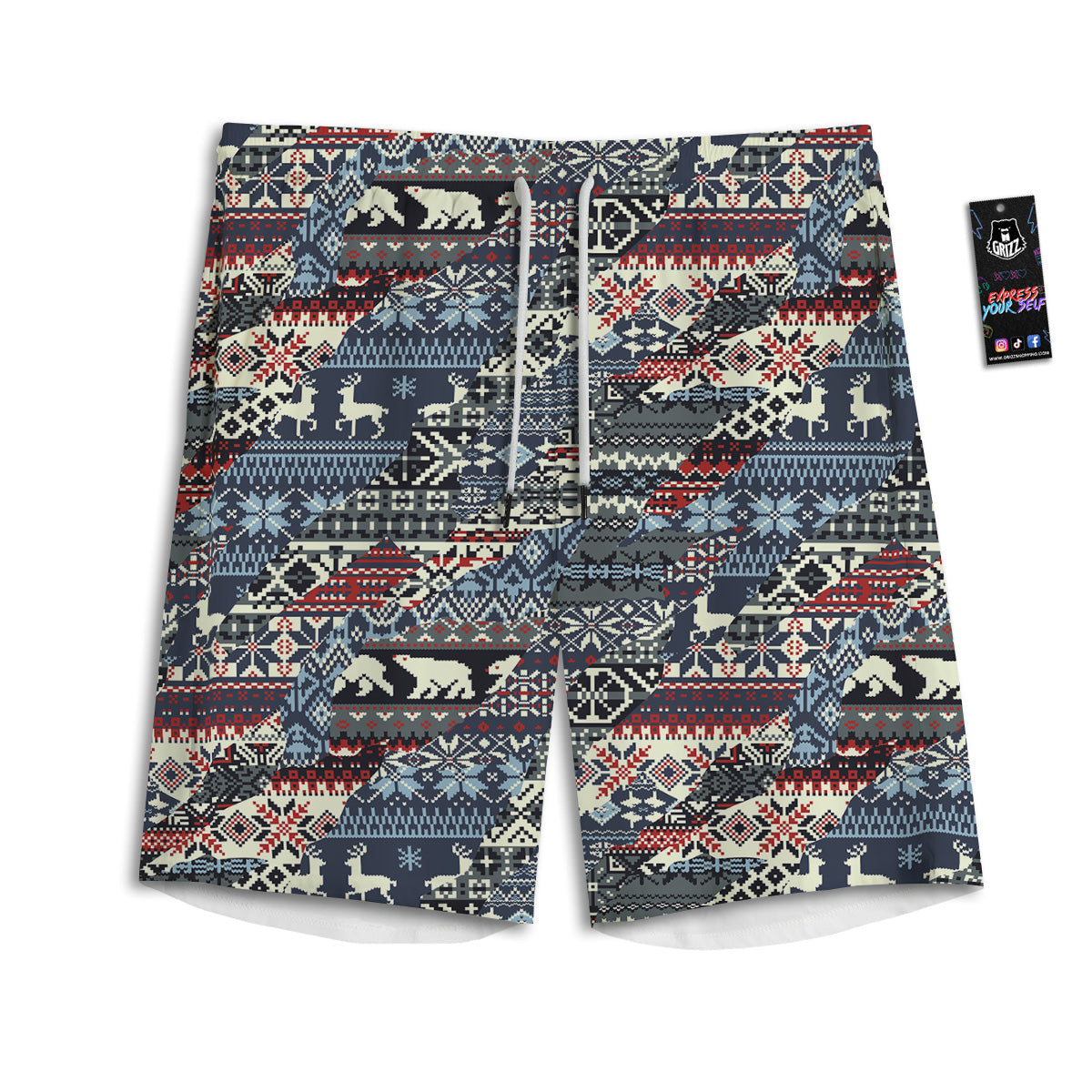 Patchwork Ugly Snowflake And Knitted Print Pattern Men's Athletic Shorts