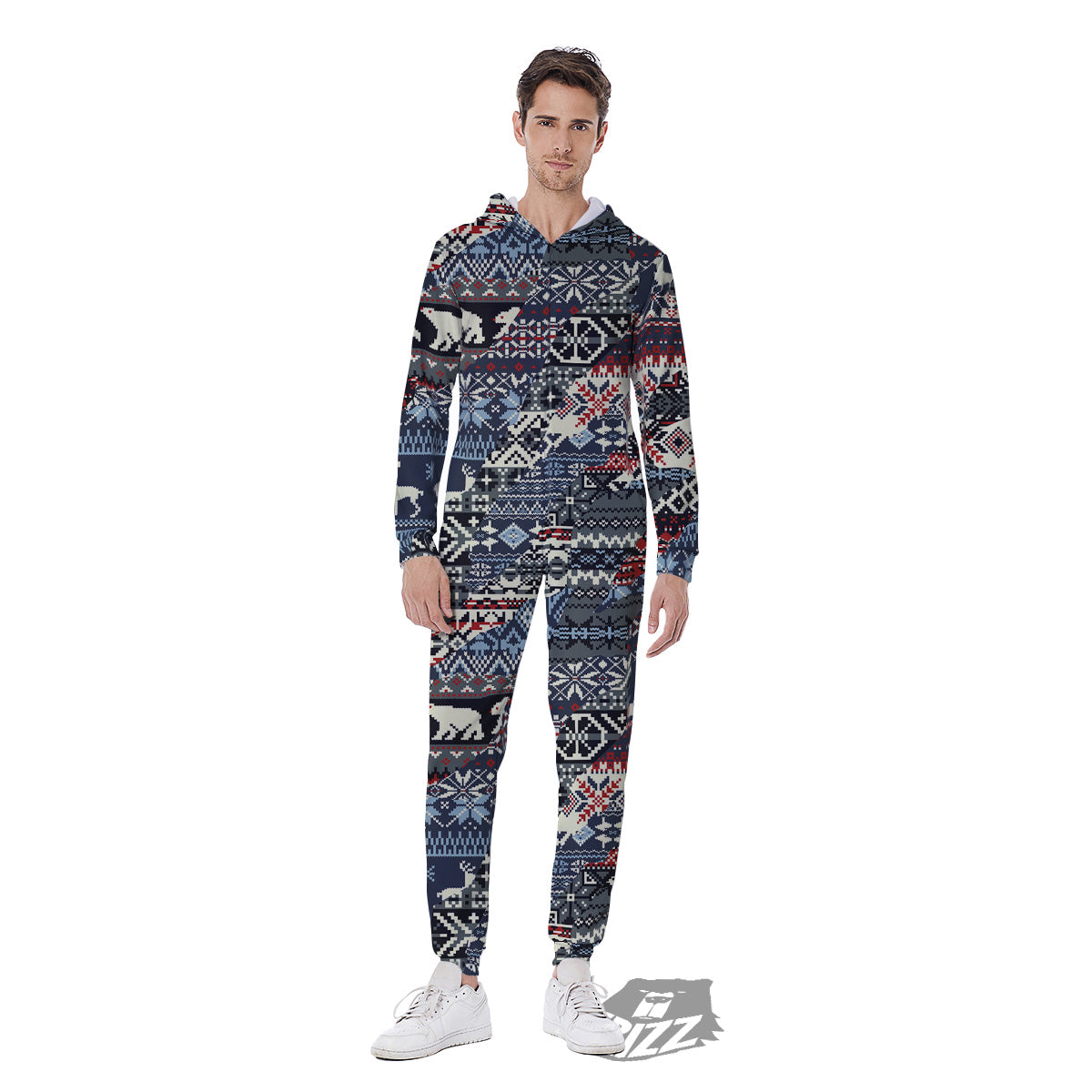 Patchwork Ugly Snowflake And Knitted Print Pattern Men's Jumpsuit-grizzshop