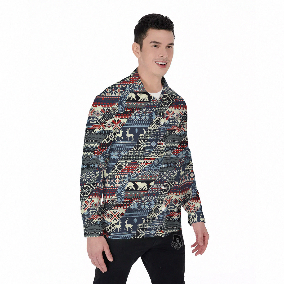 Patchwork Ugly Snowflake And Knitted Print Pattern Men's Long Sleeve Shirts-grizzshop