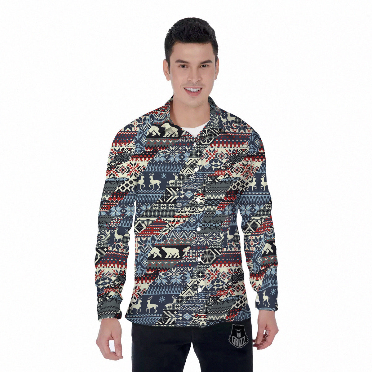 Patchwork Ugly Snowflake And Knitted Print Pattern Men's Long Sleeve Shirts-grizzshop
