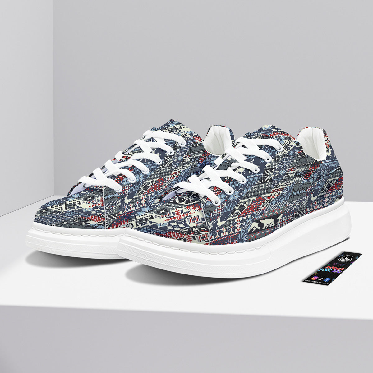 Patchwork Ugly Snowflake And Knitted Print Pattern Platform Shoes-grizzshop