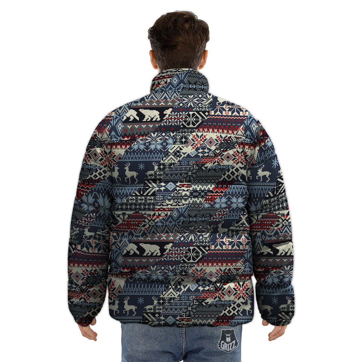 Patchwork Ugly Snowflake And Knitted Print Pattern Puffer Jacket-grizzshop