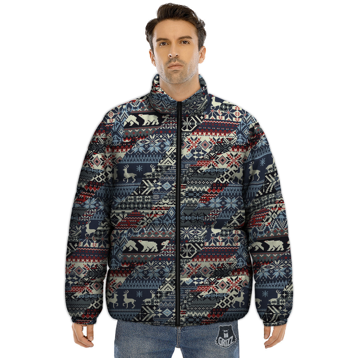 Patchwork Ugly Snowflake And Knitted Print Pattern Puffer Jacket-grizzshop