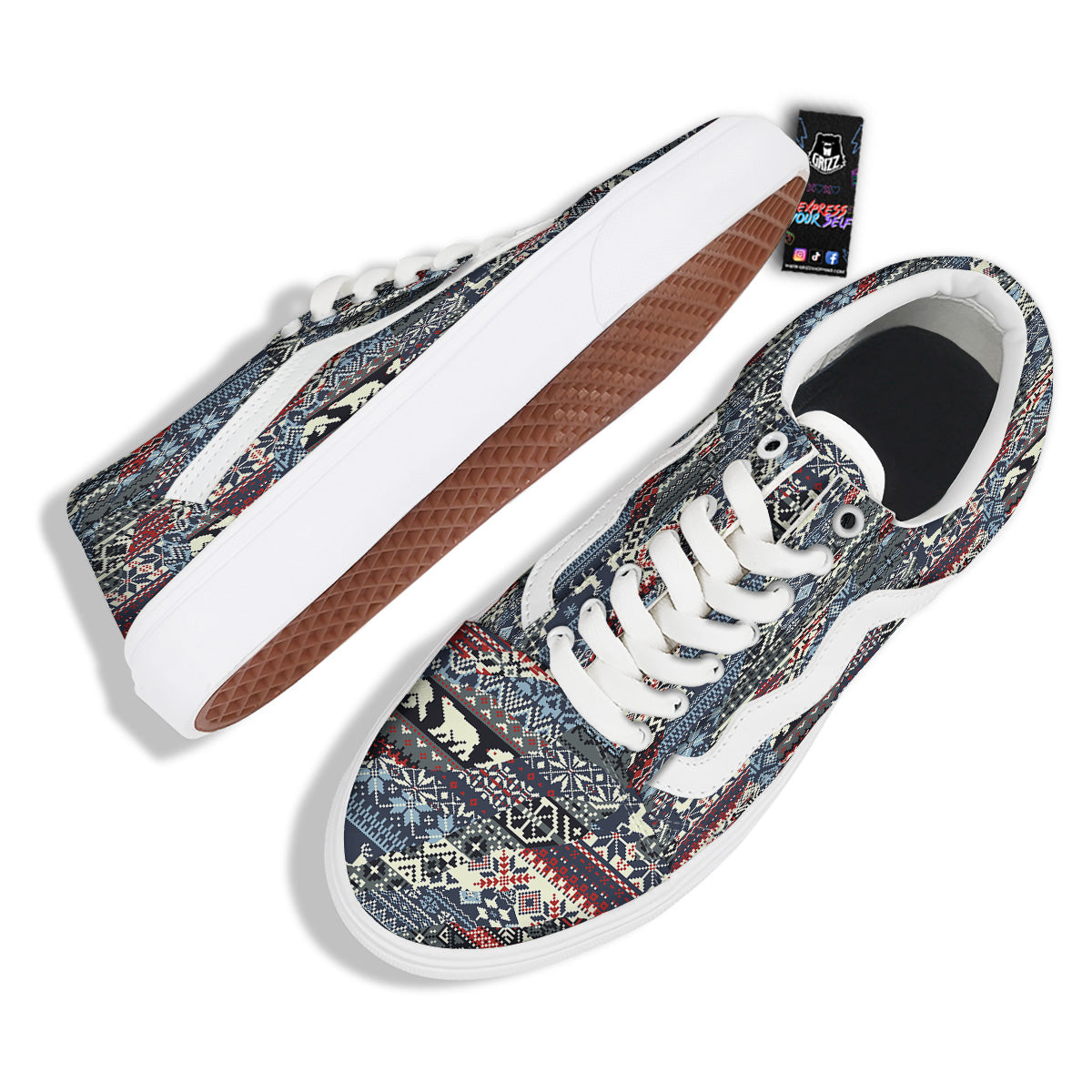 Patchwork Ugly Snowflake And Knitted Print Pattern Skate Shoes-grizzshop
