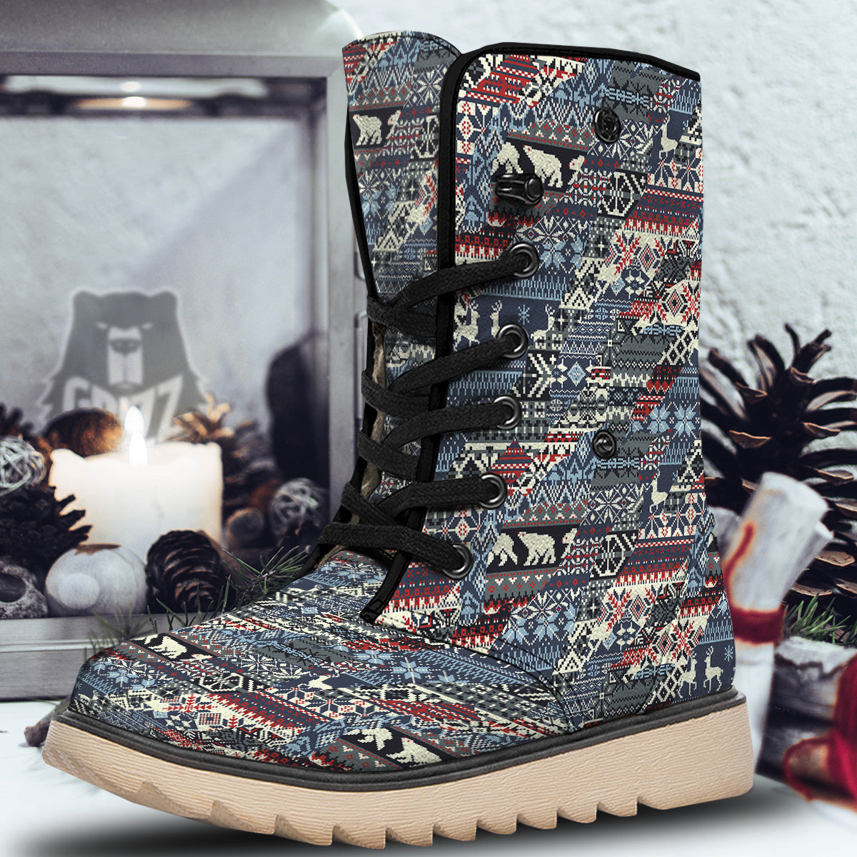 Patchwork Ugly Snowflake And Knitted Print Pattern Snow Boots-grizzshop