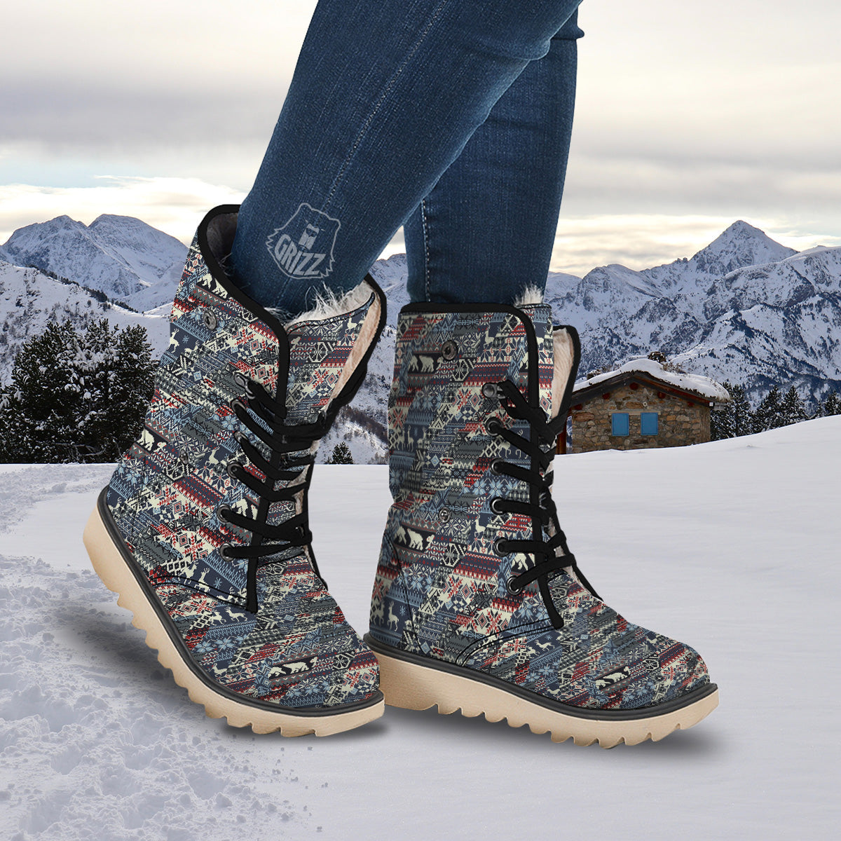 Patchwork Ugly Snowflake And Knitted Print Pattern Snow Boots-grizzshop