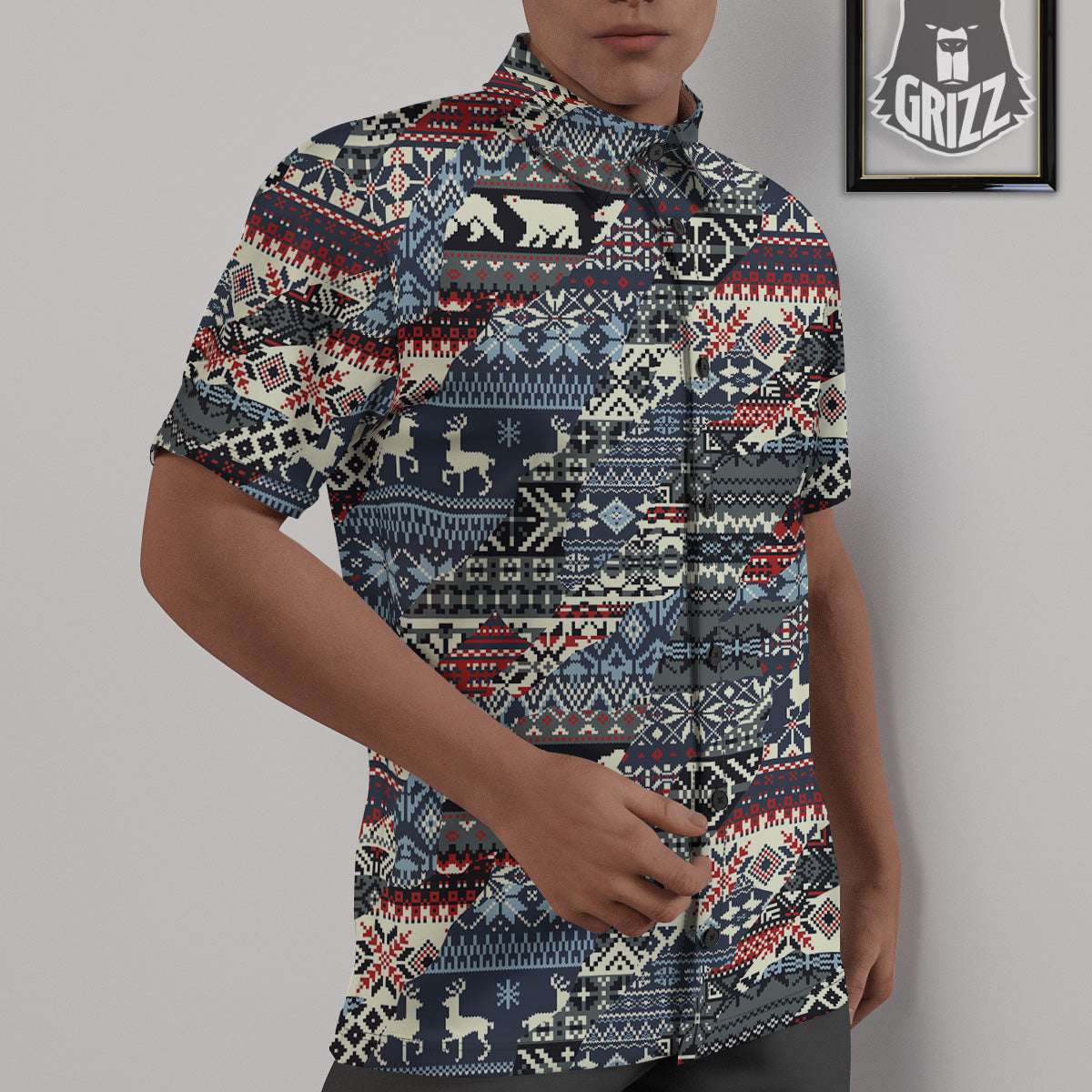 Patchwork Ugly Snowflake And Knitted Print Pattern Untucked Shirts-grizzshop