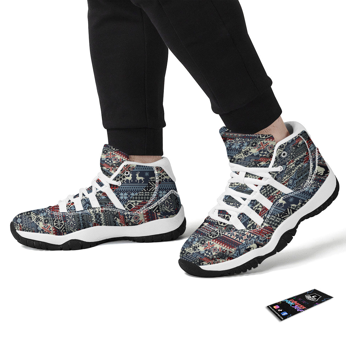 Patchwork Ugly Snowflake And Knitted Print Pattern White Bball Shoes-grizzshop