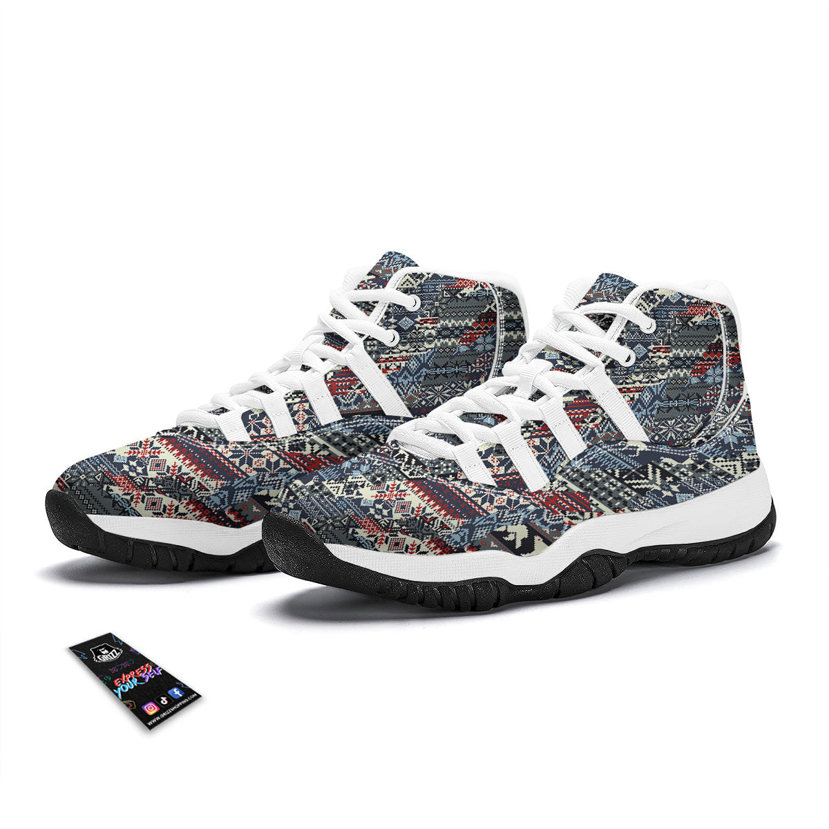 Patchwork Ugly Snowflake And Knitted Print Pattern White Bball Shoes-grizzshop