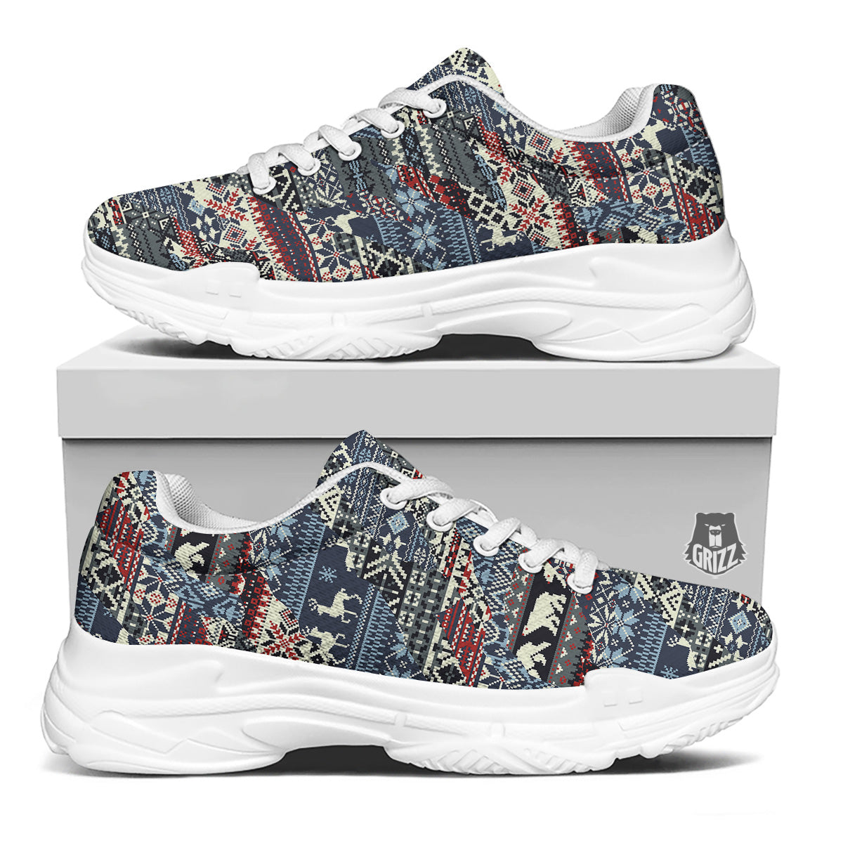 Patchwork Ugly Snowflake And Knitted Print Pattern White Chunky Shoes-grizzshop