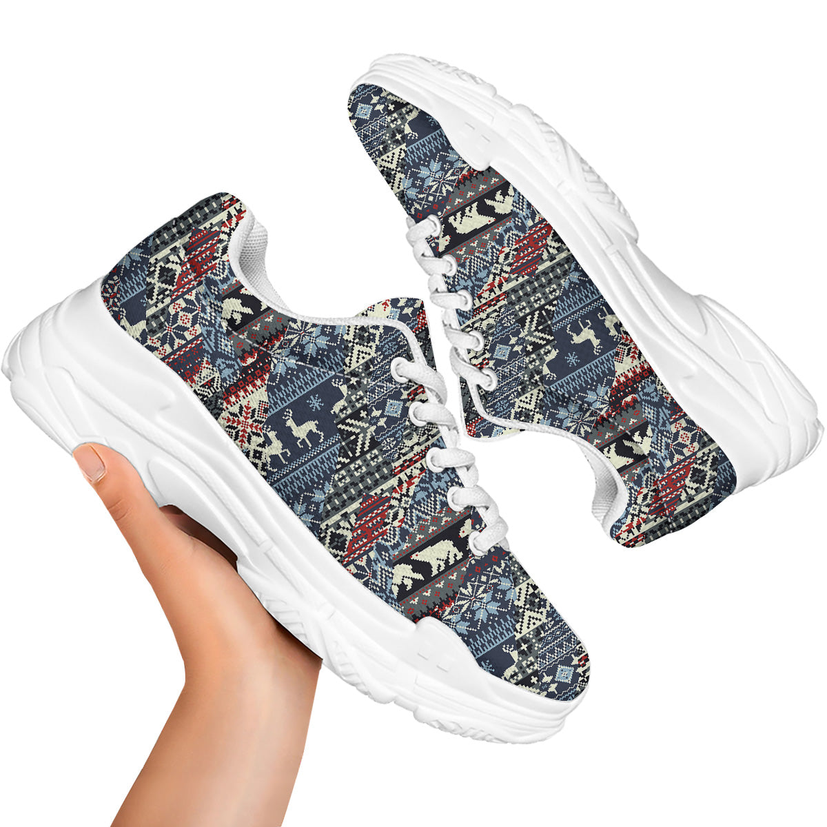Patchwork Ugly Snowflake And Knitted Print Pattern White Chunky Shoes-grizzshop