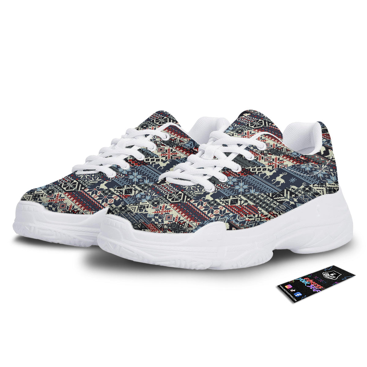 Patchwork Ugly Snowflake And Knitted Print Pattern White Chunky Shoes-grizzshop