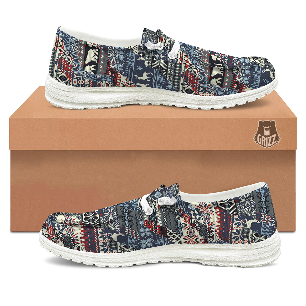 Patchwork Ugly Snowflake And Knitted Print Pattern White Loafers-grizzshop