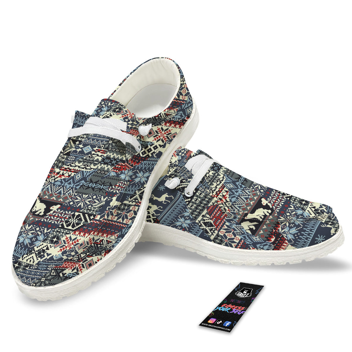 Patchwork Ugly Snowflake And Knitted Print Pattern White Loafers-grizzshop