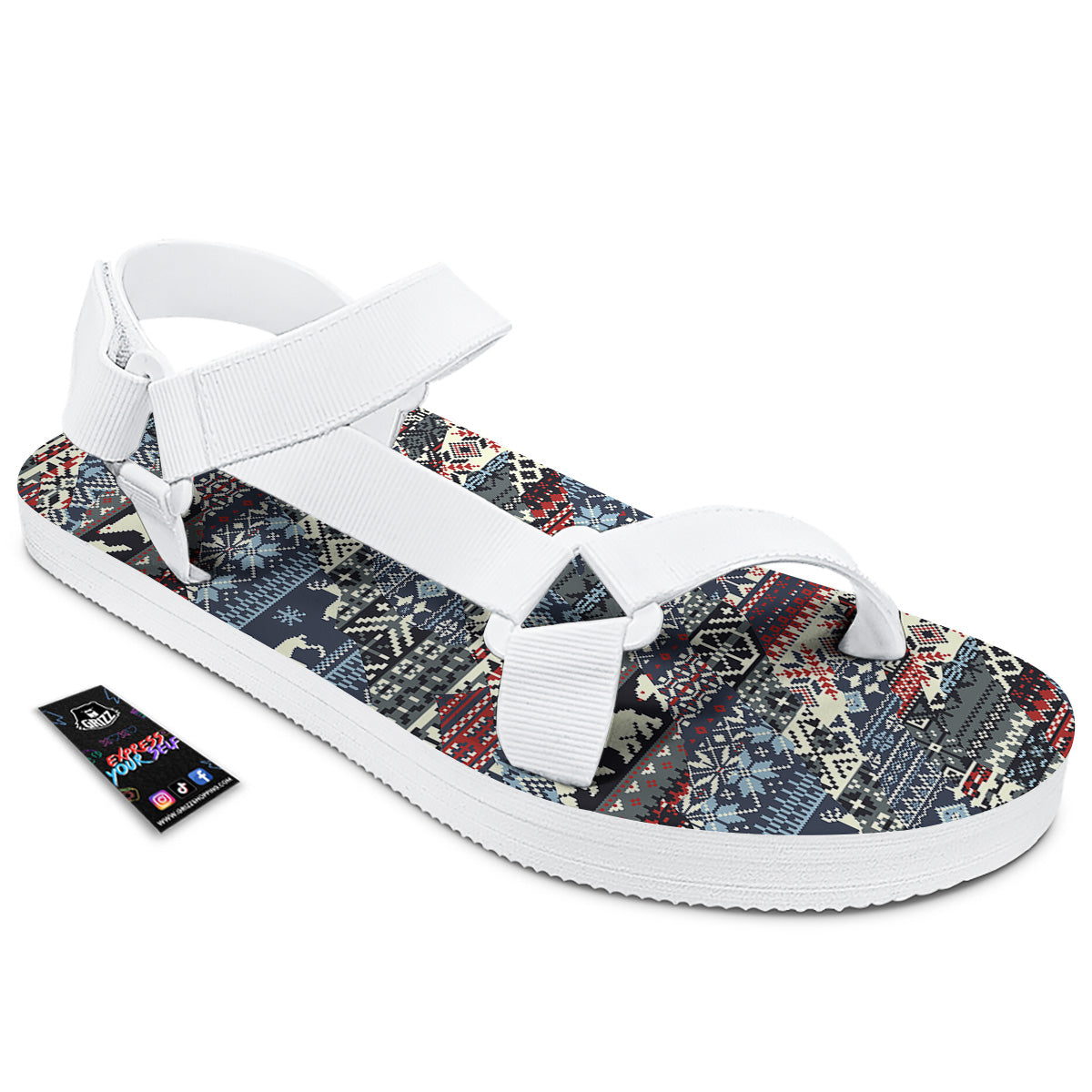 Patchwork Ugly Snowflake And Knitted Print Pattern White Open Toe Sandals-grizzshop