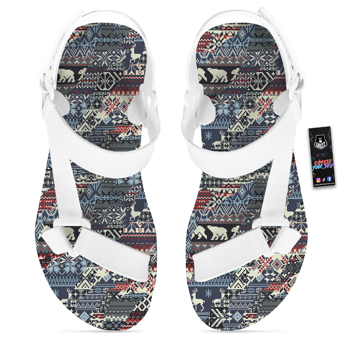 Patchwork Ugly Snowflake And Knitted Print Pattern White Open Toe Sandals-grizzshop