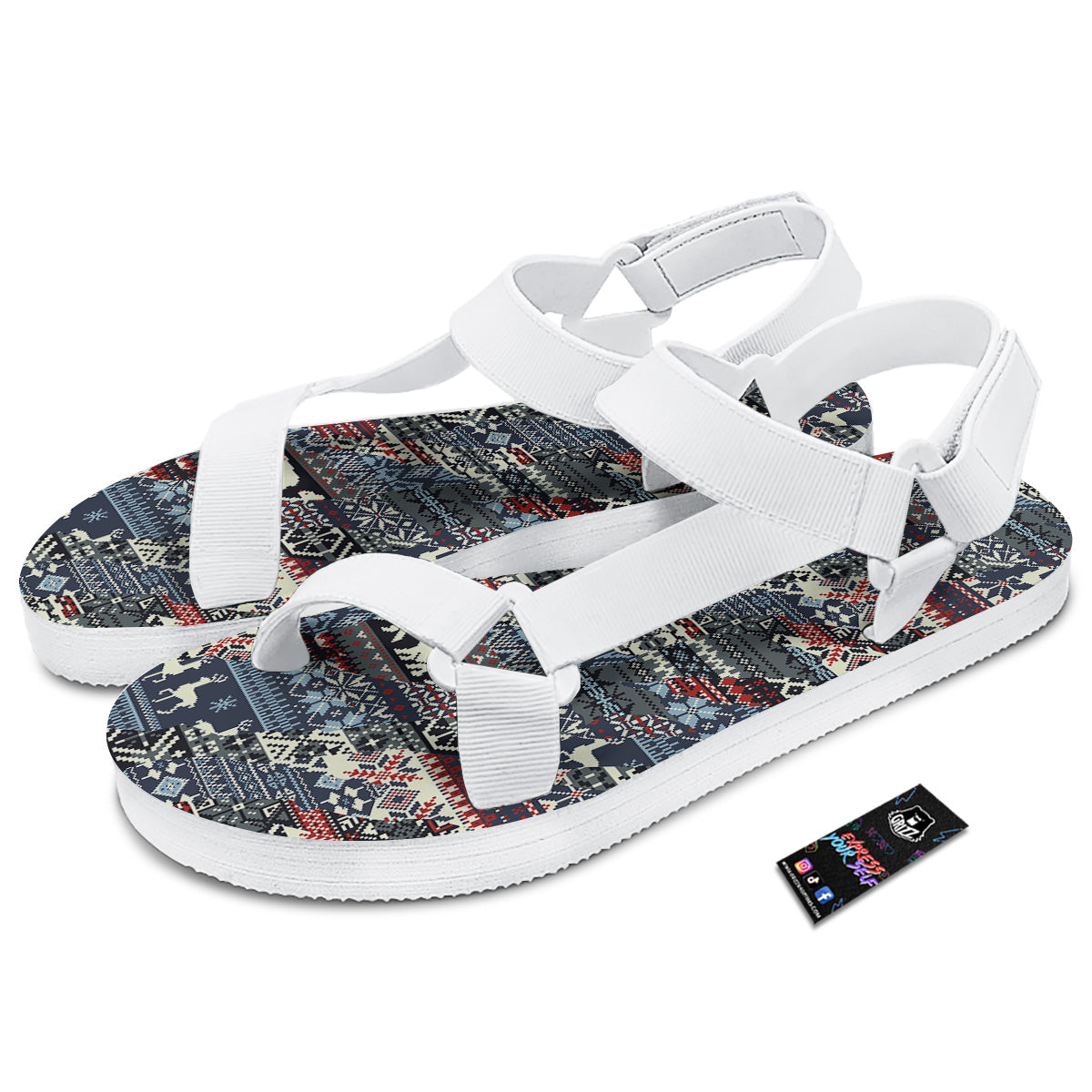 Patchwork Ugly Snowflake And Knitted Print Pattern White Open Toe Sandals-grizzshop
