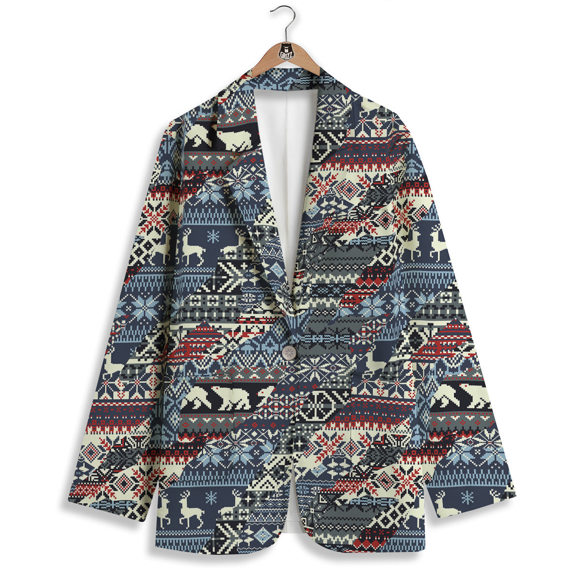 Patchwork Ugly Snowflake And Knitted Print Pattern Women's Blazer-grizzshop