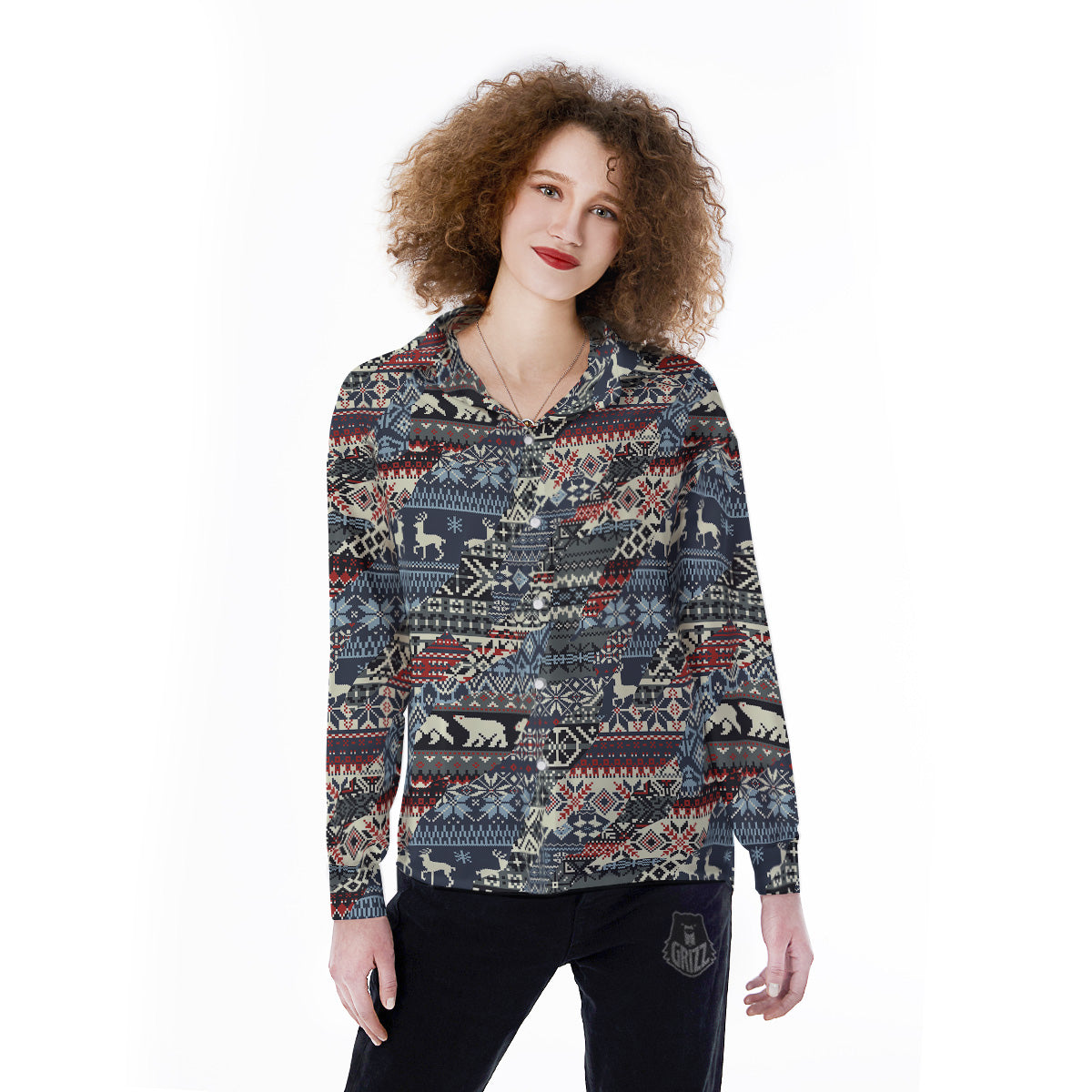 Patchwork Ugly Snowflake And Knitted Print Pattern Women's Long Sleeve Shirts-grizzshop