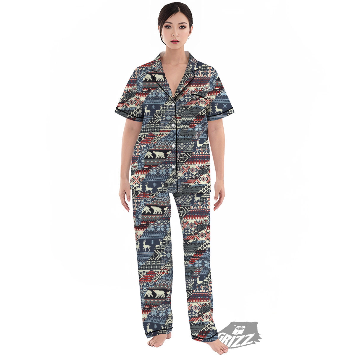 Patchwork Ugly Snowflake And Knitted Print Pattern Women's Pajamas Set-grizzshop