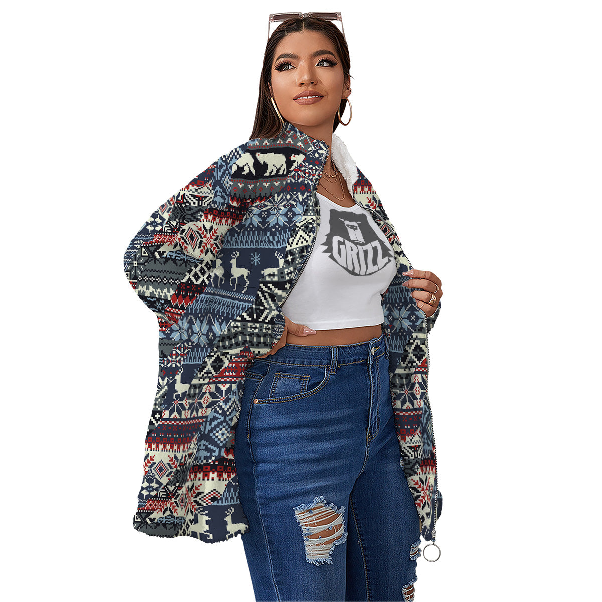 Patchwork Ugly Snowflake And Knitted Print Pattern Women's Sherpa Jacket-grizzshop