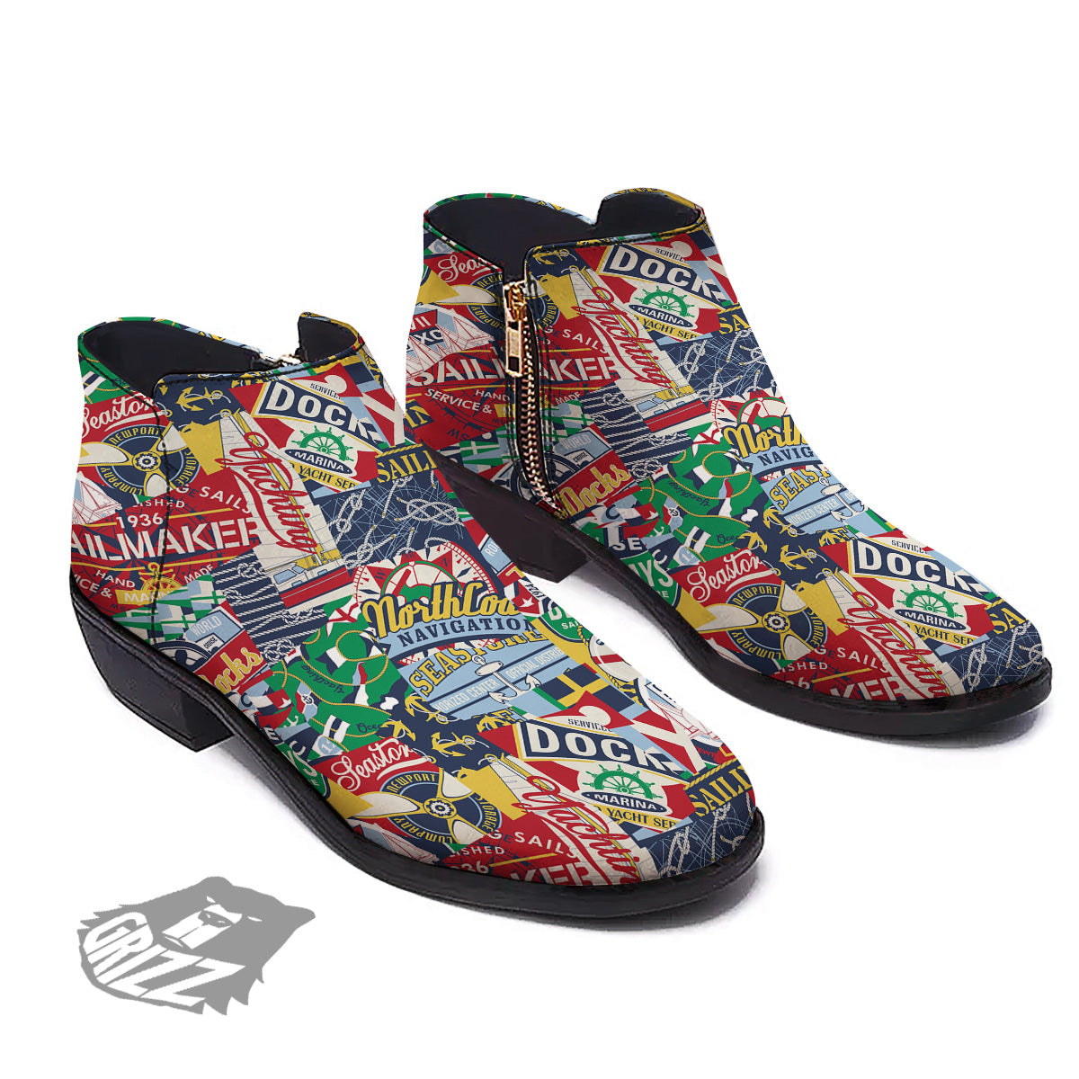 Patchwork Vintage Nautical Print Pattern Ankle Boots-grizzshop