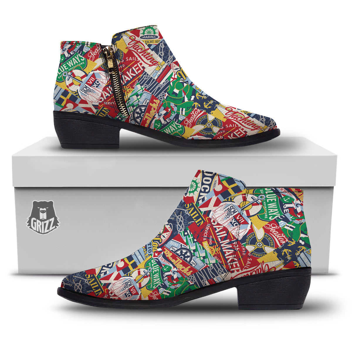 Patchwork Vintage Nautical Print Pattern Ankle Boots-grizzshop