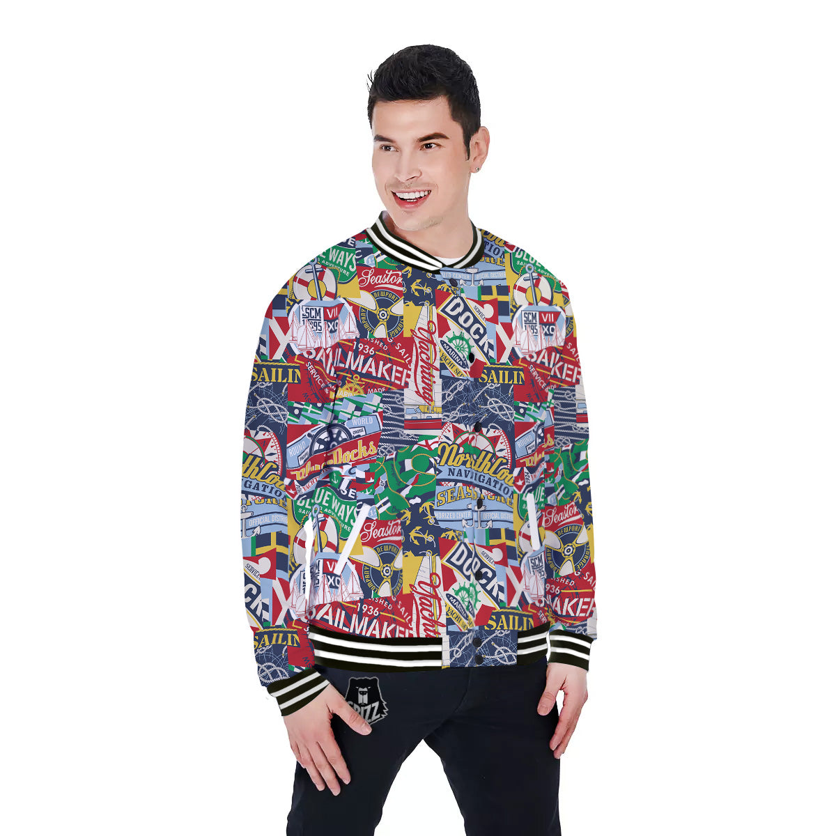 Patchwork Vintage Nautical Print Pattern Baseball Jacket-grizzshop