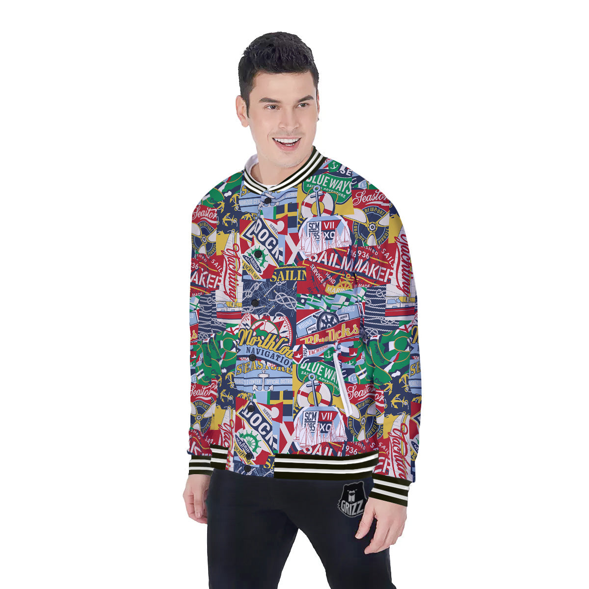 Patchwork Vintage Nautical Print Pattern Baseball Jacket-grizzshop
