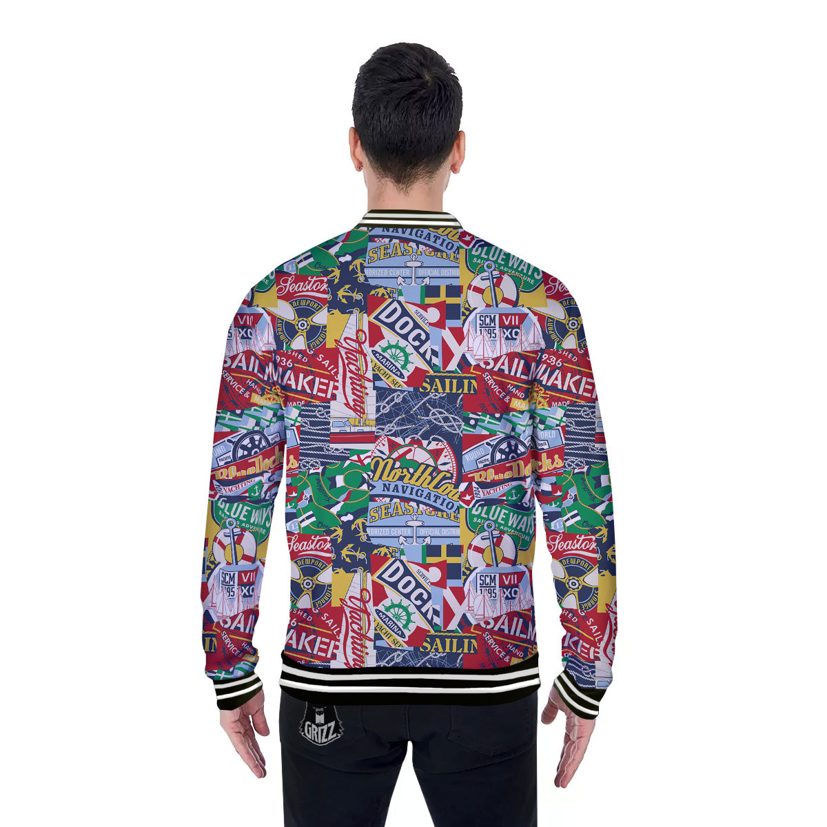 Patchwork Vintage Nautical Print Pattern Baseball Jacket-grizzshop